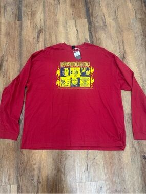 Brain Dead Red Long Sleeve Tee with Yellow Graphic Panels